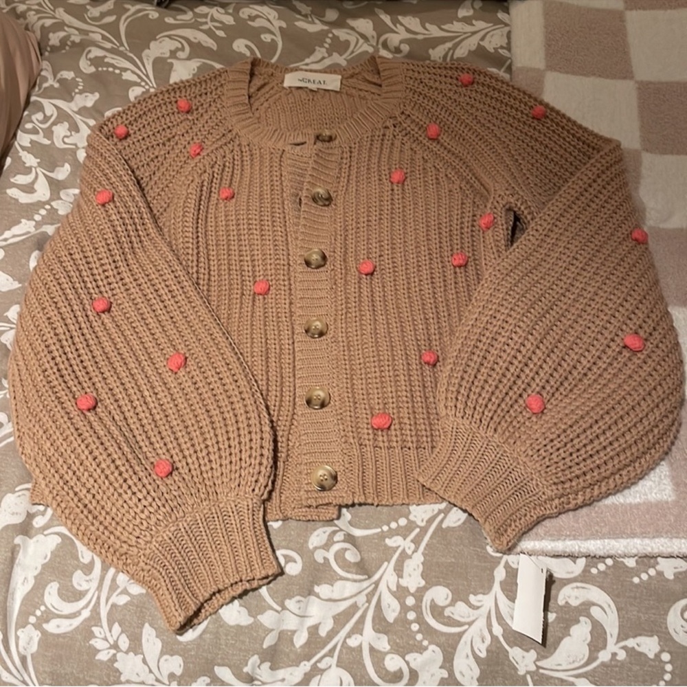 THE GREAT Bobble Sophomore Cardigan Sweater Tan/Pink NWOT 1/S - Picture 6 of 10